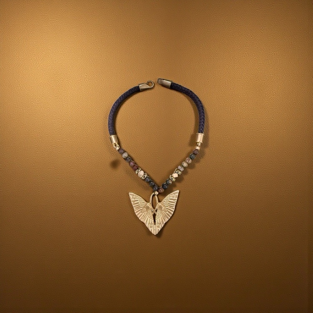 RARE  Pulccino leather/ gold plated  pendant statement necklace  NWOT